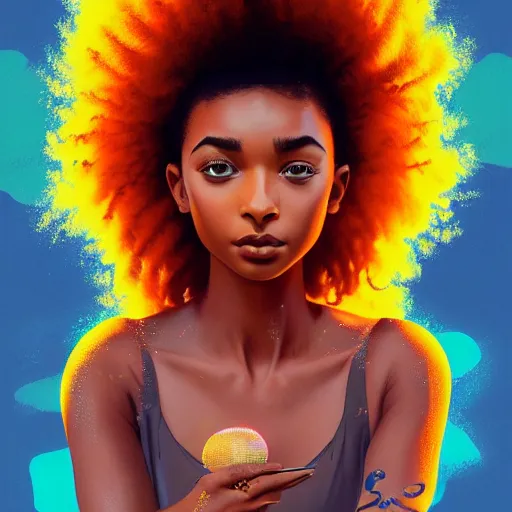 Image similar to electric yara shahidi, afrofuturism, cute - fine - face, pretty face, oil slick hair, realistic shaded perfect face, extremely fine details, realistic shaded lighting, dynamic background, poster by by ilya kuvshinov katsuhiro otomo, magali villeneuve, artgerm, jeremy lipkin and michael garmash and rob rey