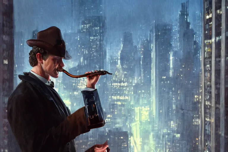 Image similar to beautiful face, portrait profile sherlock holmes tobacco pipe on a perch facing the city at night, smoke rising from pipe, smooth, focus, highly detailed, hyper realistic, dramatic lighting, intricate, concept art, new york skyline, looking down, movie still, art by wlop, greg rutowski, artstation