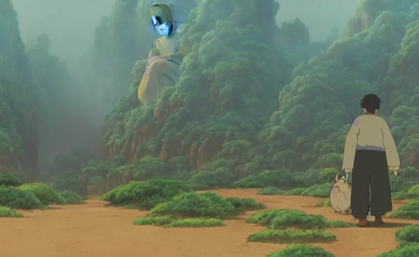 Image similar to a movie still from a studio ghibli movie showing a highly detailed landscape with a giant living buddha statue walking through a valley in the desert. misty, depth perception, 4 k