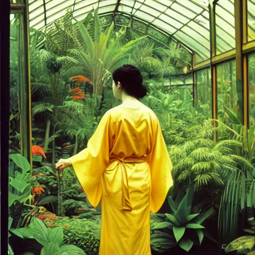 Image similar to Medium format photograph of an perfect woman wearing a yellow kimono in a tropical greenhouse, by james gurney, by john william waterhouse