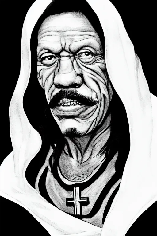 Image similar to portrait of Danny Trejo as church nun, highly detailed, artstation, manga illustration by Kentaro Miura berserk