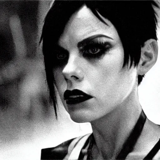 Prompt: a film portrait still of joan jett in blade runner, gritty cyberpunk atmosphere. realism, shiny, cinematic lighting, beautiful gothic fantasy photorealistic, 4 k. 8 mm. grainy. panavision.