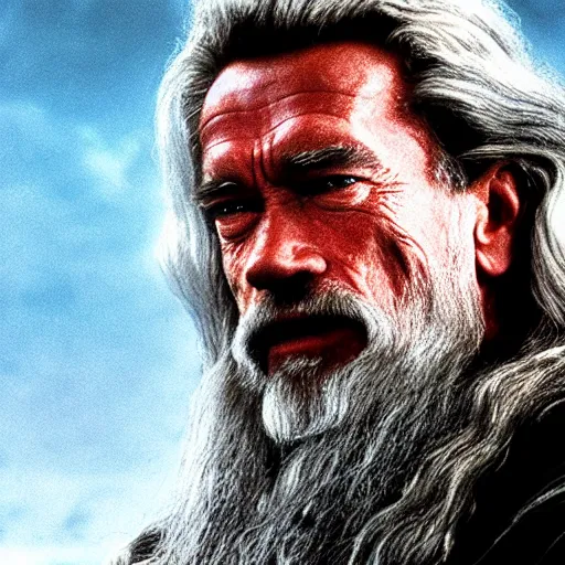 Image similar to Arnold Schwarzenegger as Gandalf, cinematic film still