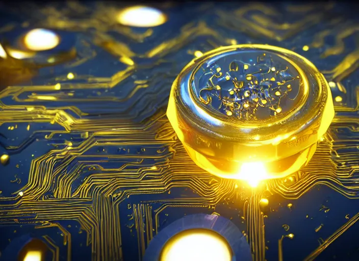 Prompt: Magic golden computer chip with a glowing flat crystal embedded in the center, mana flowing around it, product photo, hyperrealism, trending on artstation, unreal engine 5 render