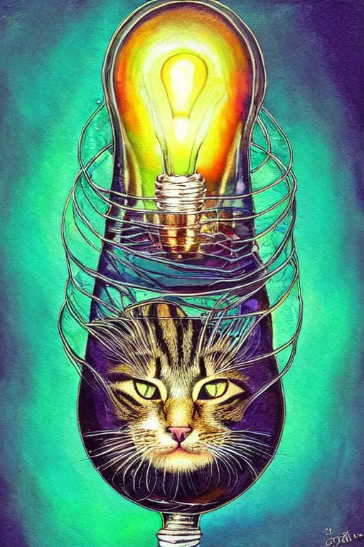 Image similar to portrait of a cat inside a light bulb, modern fine art, dreamscape, intricate, elegant, subsurface scattering, highly detailed, pop art painting, organic acrylic flow art, psychedelic fractal art, acrylic art, watercolor, featured on deviantart, cgsociety