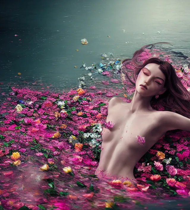 Prompt: baroque portrait of a female android berserker designed by vitaly bulgarov who is lying down in a river made of thousand of flowers, photorealistic, octane render, 8 k, depth of field