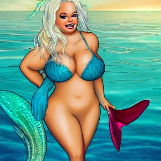 Prompt: mermaid trisha paytas on the beach
