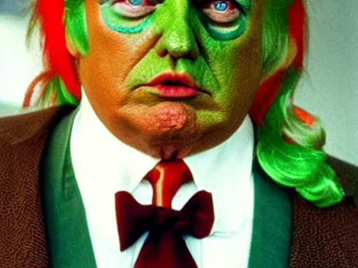 Image similar to donald trump as an oompa loompa with green hair, still from film chocolate factory 1 9 7 1