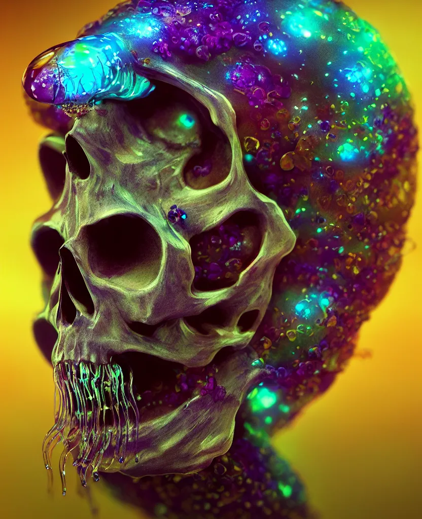 Image similar to close-up portrait of skull dichroic orchid jellyfish skull, betta fish, bioluminiscent creatures, intricate artwork by Tooth Wu and wlop and beeple. octane render, trending on artstation, greg rutkowski very coherent symmetrical artwork. cinematic, hyper realism, high detail, octane render, 8k