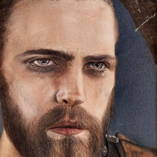 Image similar to portret of a man, warrior, scar on left cheek, battleworn, long dark brown hair, short messy beard, crystal blue eyes, weary