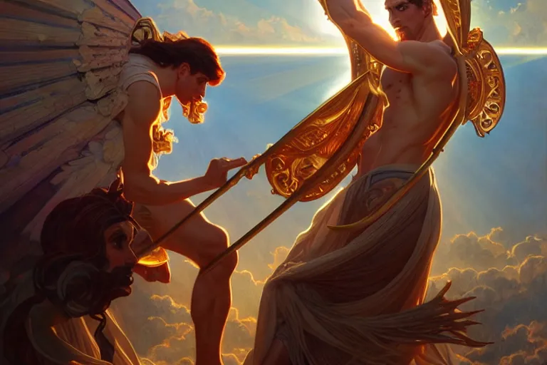 Image similar to a Greek god launching magical rays to evil humans, highly detailed, digital painting, cinematic, hyper realism, dark retrowave, art by Stanley Lau and Artgerm and magali villeneuve and Alphonse Mucha, artstation, octane render, cgsociety