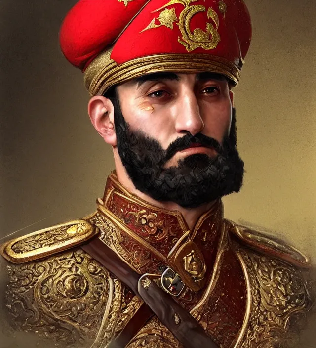 Prompt: portrait of a turkish man wearing a traditional nineteenth century ottoman empire military uniform, metal shoulder pauldrons, intricate, highly detailed, digital painting, artstation, concept art, sharp focus, cinematic lighting, illustration, art by artgerm and greg rutkowski, alphonse mucha, cgsociety