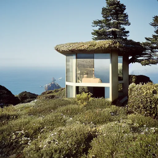 Image similar to castle designed by renzo piano overlooking big sur. landscape design by andre le notre. fujinon premista 1 9 - 4 5 mm t 2. 9. portra 8 0 0. w 1 0 8 8