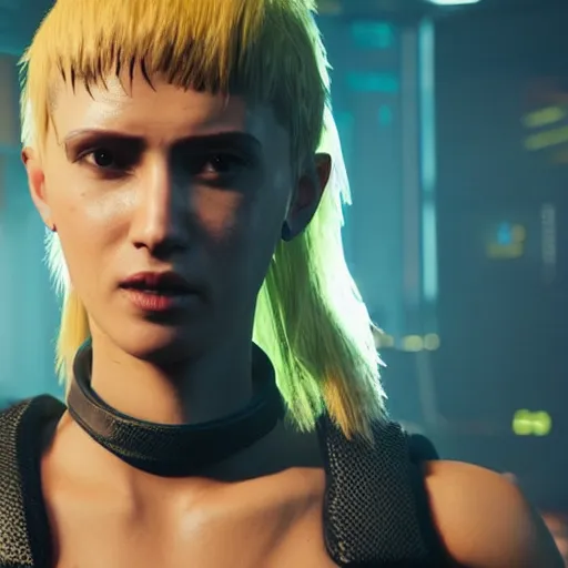 Image similar to female V from Cyberpunk 2077 wearing spiked choker, collar, choker, punk, collar, 4K