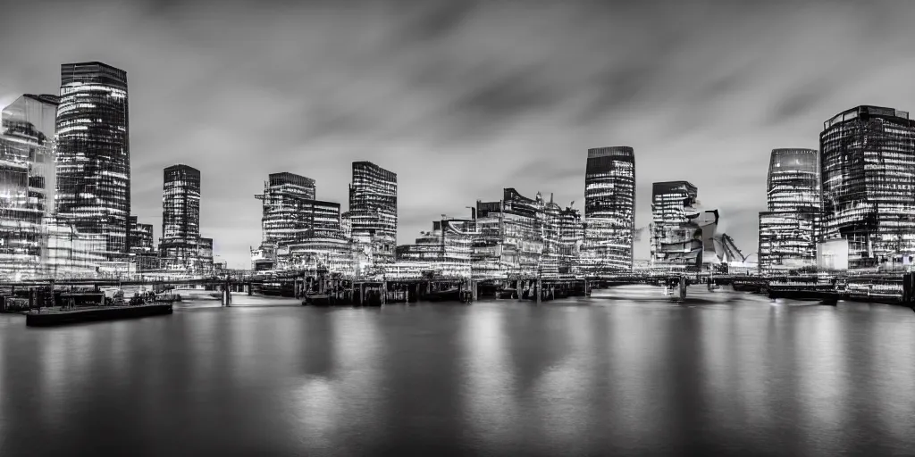 Image similar to high quality night photograph of Docklands in London, dimly lit cirrus clouds, long exposure, architecture photography, ultrawide image