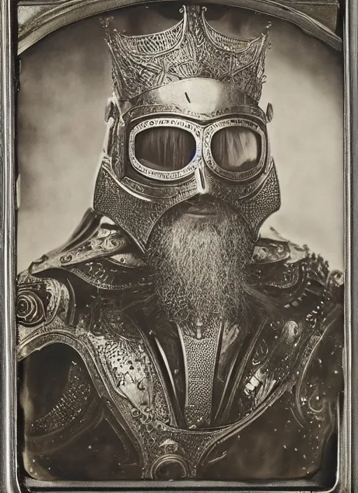 Image similar to old wetplate daguerreotype frame portrait of a futuristic silver armored king arthur with white hair and beard emperor district 9 cyborg, fractal, intricate, elegant, highly detailed, subsurface scattering, by jheronimus bosch and greg rutkowski and louis jacques mande daguerre