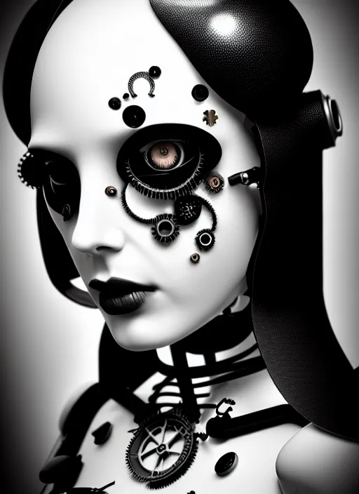 Image similar to 1 9 3 0 black and white dreamy foggy gothic masterpiece profile face portrait, one steampunk eye biomechanical beautiful young female cyborg - robot, body ribs meshes, big monocular, volumetric light, hibiscus flowers, by hg giger, rim light, big gothic fashion pearl embroidered collar, 8 k