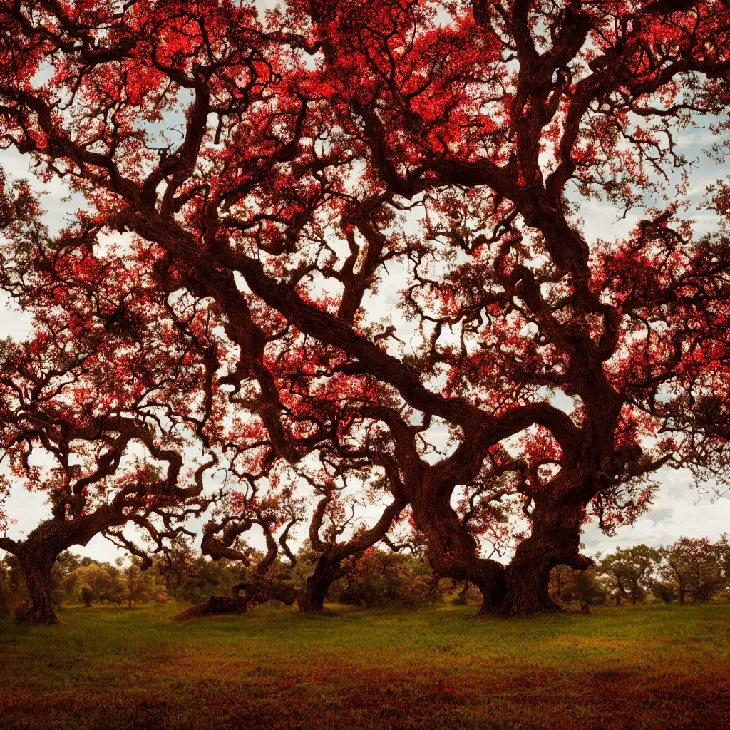 Prompt: two old oak trees with one vibrant red foliage, formed into heart shape, the trees growing on a meadow, cinematic lighting, photo realistic image, 4K, super detailed, cinematic look