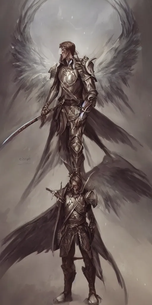 Image similar to a warrior in armor with wings behind his back and holding a sword, spirit fantasy concept art ， art by charlie bowater, trending on artstation.