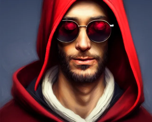 Prompt: a mind - blowing portrait of a wizard wearing sunglasses, male, wearing a red hoodie, deep focus, d & d, fantasy, intricate, elegant, highly detailed, digital painting, artstation, concept art, matte, sharp, illustration, hearthstone, art by artgerm and greg rutkowski and alphonse mucha