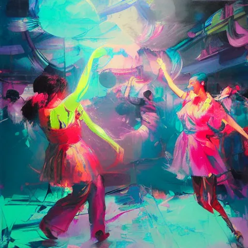 Prompt: portrait of two grils dancing, ecstatic, wonderfull techno party, bright vibrant colors, shades of pink and blue, utopia, by by greg rutkowski, by jeremy mann, by francoise nielly