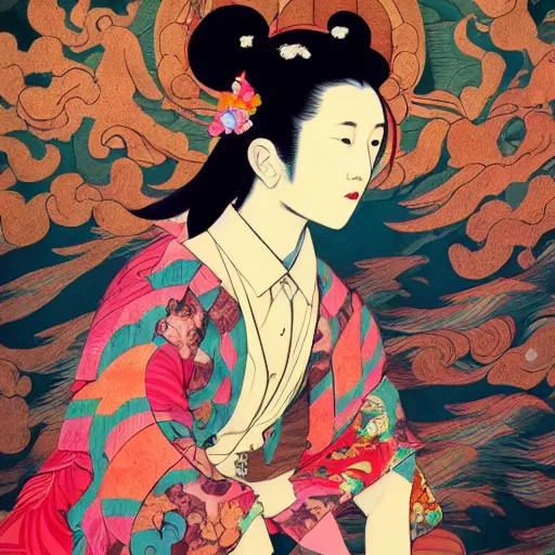 Image similar to james jean style, utagawa kunisada style, vfx art, unreal engine render, claymation style, colourful, volumetric light, digital painting, digital illustration, dramatic light,