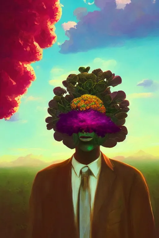 Prompt: portrait, enormous flower as head, black woman in suit, surreal photography, golden hour, colorful clouds, impressionist painting, digital painting, artstation, simon stalenhag