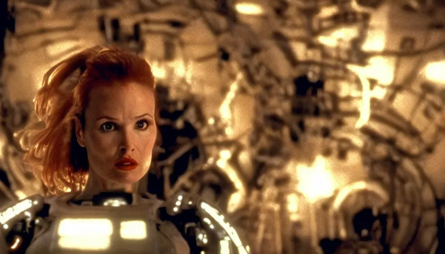 Image similar to perpetual motion machine intense moment, cinematic stillframe, dramatic lighting, The fifth element, vintage robotics, starring Geena Davis