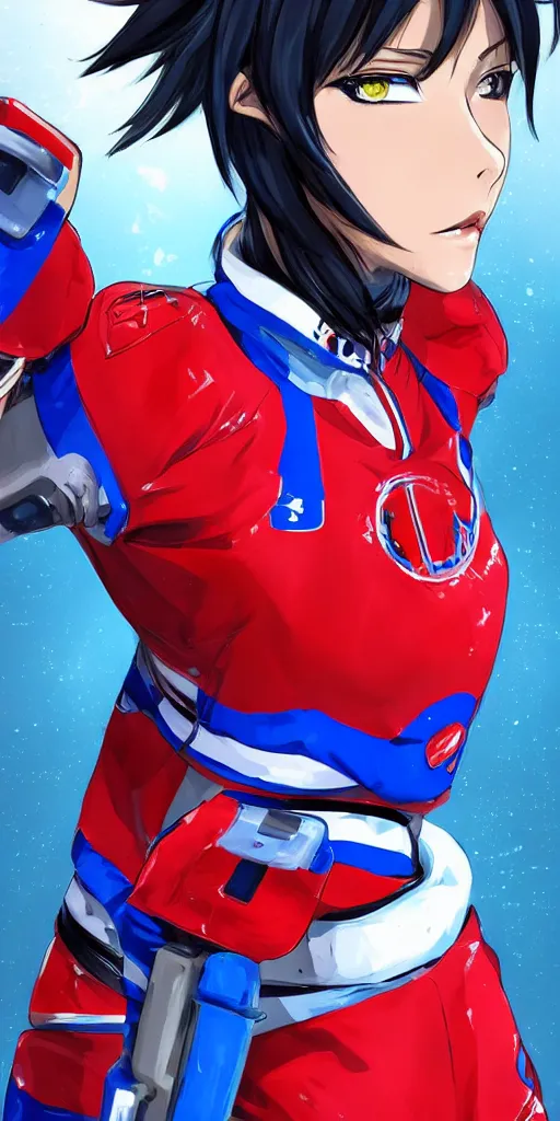 Image similar to female akira anime cyberpunk super star ice hockey player, wearing a light futuristic habs jersey, blue white and red color blocking, character concept exploration, outfit designs, trending on artstation, photorealistic, 8k