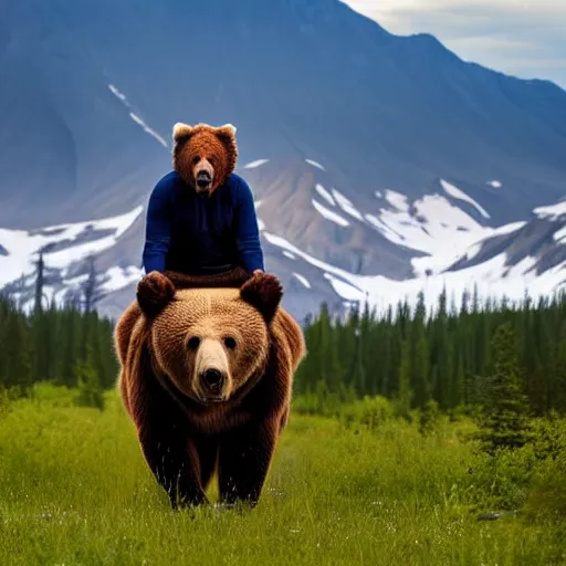 Image similar to bob ross riding on the back of a brown bear in alaska, outdoor, volumetric, hyperrealistic, shutterstock contest winner, national geographic photo, stockphoto, majestic