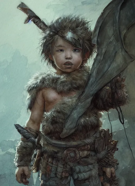 Image similar to portrait, A toddler barbarian, watercolor, dramatic lighting, cinematic, establishing shot, extremely high detail, foto realistic, cinematic lighting, pen and ink, intricate line drawings, by Yoshitaka Amano, Ruan Jia, Kentaro Miura, Artgerm, post processed, concept art, artstation, matte painting, style by eddie mendoza, raphael lacoste, alex ross