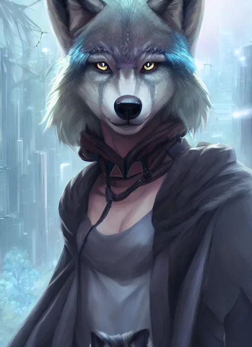 Prompt: commission of a beautiful portrait of a female anthro wolf fursona wearing jedi robes in a forested cyberpunk city. character design by charlie bowater, ross tran, artgerm, and makoto shinkai, detailed, soft lighting, rendered in octane