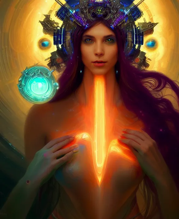 Image similar to a whirlwind of souls rushing inside the metaverse, half body, glowin eyes, tiara with sapphire, pharaoh, android, cyberpunk, d & d, fantasy, intricate, elegant, highly detailed, colorful, vivid color, digital painting, artstation, concept art, art by artgerm and greg rutkowski and alphonse mucha and ruan jia