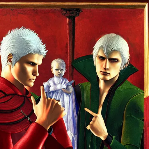 Image similar to A family portrait of Dante and Vergil from the hit video game series Devil May Cry by Sandro Botticelli, oil painting, artstation