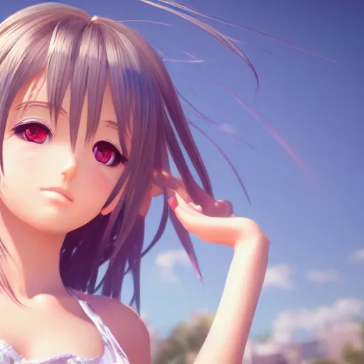 Image similar to Render of a very beautiful 3d anime girl, long hair, hazel eyes, cute freckles, full round face, short smile, cute sundress, silver tone, serene beach setting, medium shot, mid-shot, highly detailed, trending on Artstation, Unreal Engine 4k