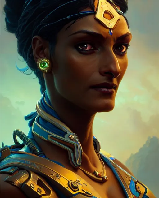 Image similar to symmetra from overwatch, character portrait, close up, concept art, intricate details, highly detailed by greg rutkowski, michael whelan and gustave dore