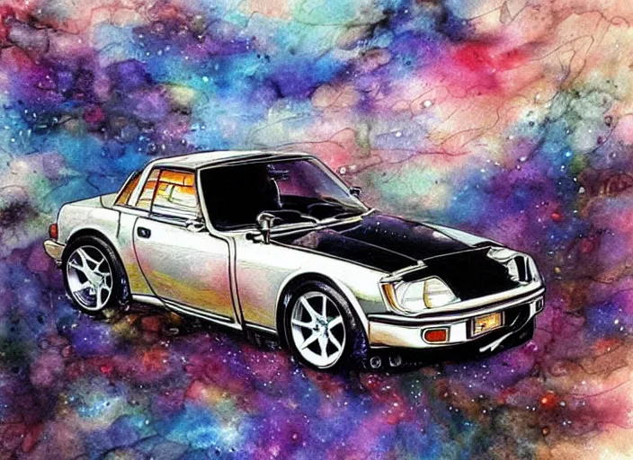 Image similar to beautiful yoshitaka amano art of a datsun fairlady roadster detailed painting