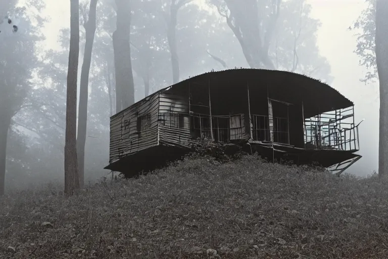 Image similar to a vintage photo of a steel-plated multi-story ramshackle hut in the forest, foggy