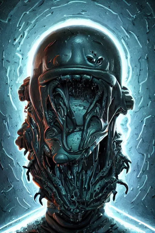 Image similar to rick and morty fused with lovecraft and vader helmet and predator, realistic portrait, high details, intricate details, by vincent di fate, artgerm julie bell beeple, 90s, Smooth gradients, octane render, 8k, volumetric lightning, photo, High contrast, depth of field, very coherent symmetrical artwork