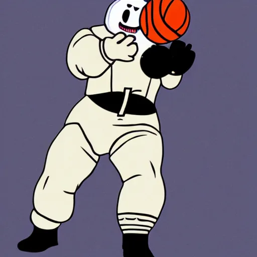 Image similar to stay puft marshmallow man playing basketball