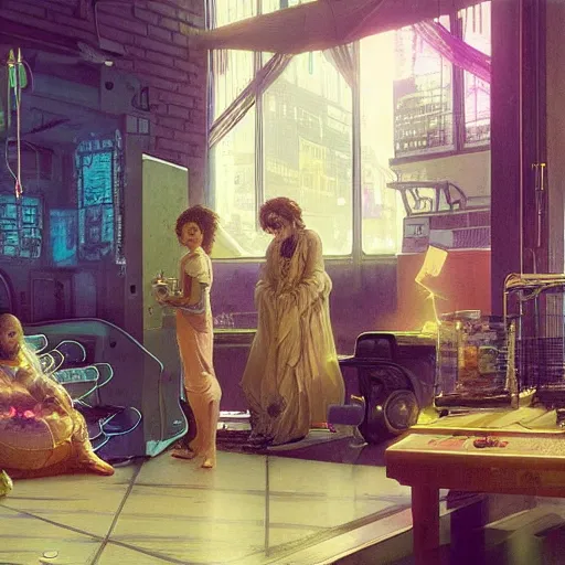 Image similar to (Night City Cyberpunk 2077) Frenetic domesticity, with a parent and child in the center, surrounded by futuristic items of convenience. The colors are muted-neon and calming, serine complacency. By Ellen Jewett, by Lawrence Alma-Tadema, realistic