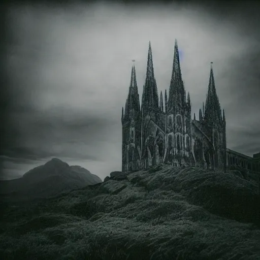 Image similar to a large cathedral on a mountain. other worldly, dream like, surreal, grainy.