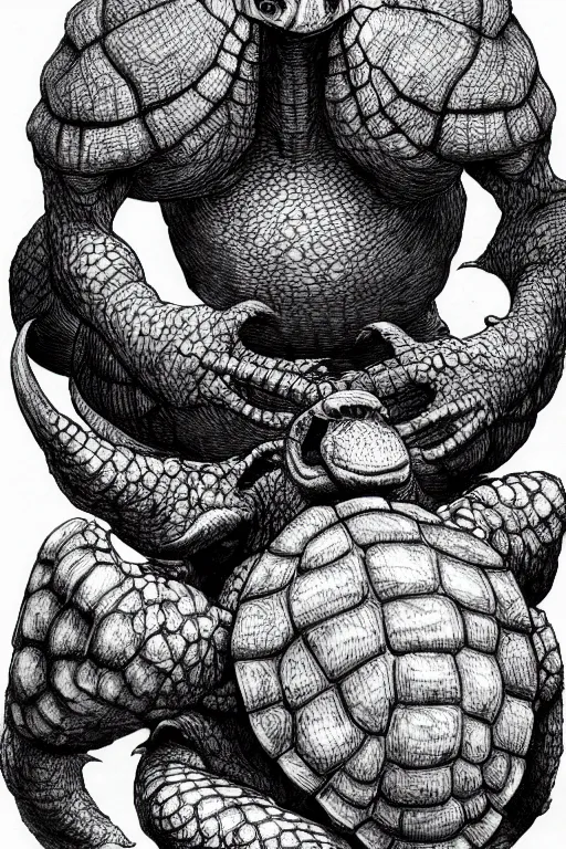 Image similar to tortoise humanoid figure monster, symmetrical, highly detailed, digital art, sharp focus, trending on art station, kentaro miura manga art style