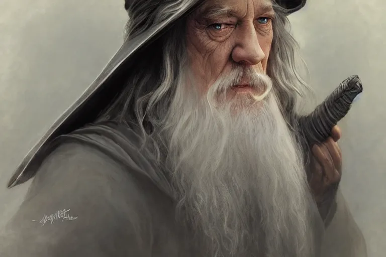 Image similar to Gandalf from Lord of the Rings, diffuse lighting, fantasy, intricate, elegant, highly detailed, lifelike, photorealistic, digital painting, artstation, illustration, concept art, smooth, sharp focus, art by John Collier and Albert Aublet and Krenz Cushart and Artem Demura and Alphonse Mucha