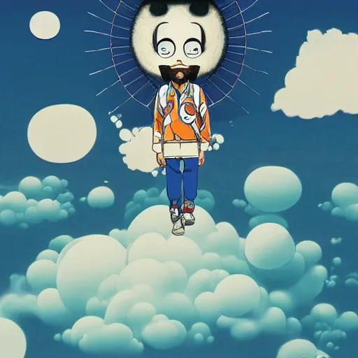 Image similar to a man walking on clouds above kyoto by takashi murakami, beeple and james jean, aya takano color style, 4 k, super detailed