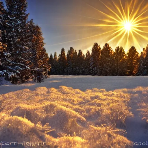 Image similar to snowflake in front of pinetree forrest, realistic, golden hour, hdr lights