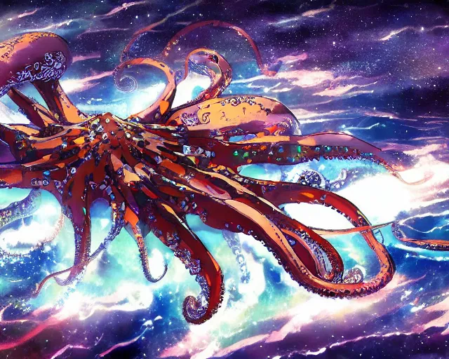 Prompt: beautiful picture of a giant mecha octopus, floating in space, anime style, art by Hajime Katoki, trending on artstation