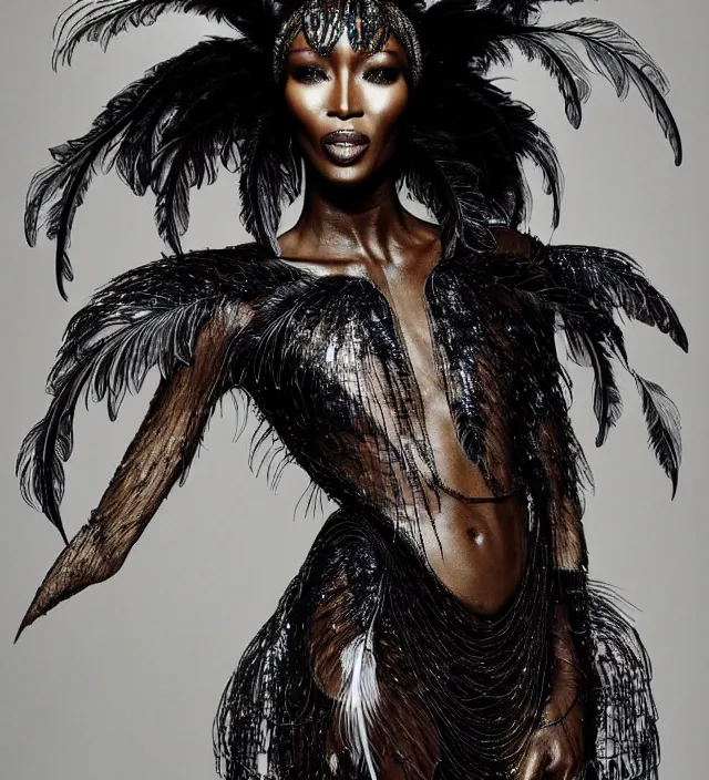 Prompt: photography portrait by paolo roversi of naomi campbell wearing a ornate transparent and metalic costume with feathers by iris van herpen, highly detailed, artstation, smooth, sharp foccus, artstation hq, skin grain detail, high detail, creativity in fashion design