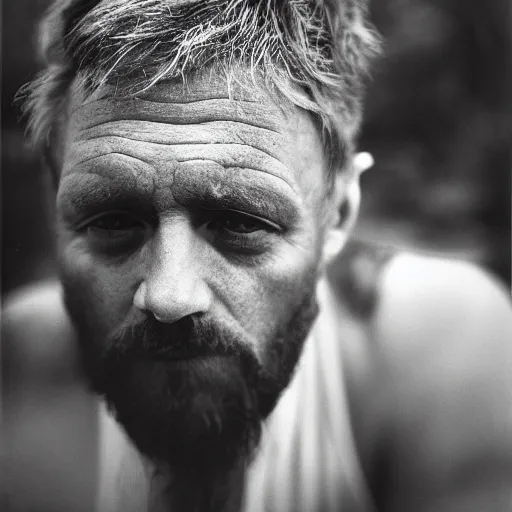 Prompt: A 4x5 portrait of a man, who is dishevelled and beaten down, a million-mile stare, bokeh, depth of field, black & white, grainy, rule of thirds