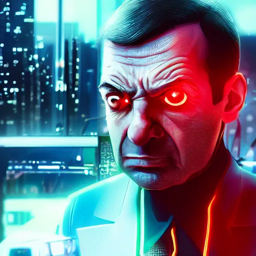 Image similar to mr bean portrait, cyberpunk 2 0 7 7, cyberpunk, photorealistic, ultra detailed, neon, octane, bokeh, cinematic lighting, cyber, cyberpunk city, studio quality, feature, scars, cyberface, 8 k